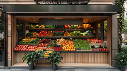 Fruit store, outdoor. front view. Generative AI.