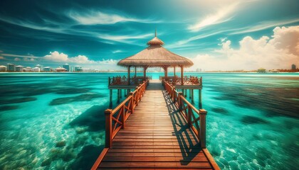 Tranquil Pier Thatched Gazebo Turquoise Sea