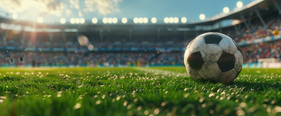 Soccer ball on the field of stadium with blurred fans in background