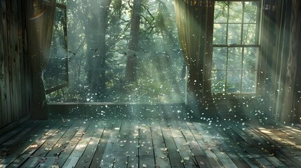 A remote cabin in the woods flowers fantasy scene abstract graphic poster web page PPT background - obrazy, fototapety, plakaty