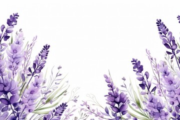 Obraz premium watercolor of lavender flowers frame, botanical border, Flowers lavender, watercolor with space for text on isolated background. 