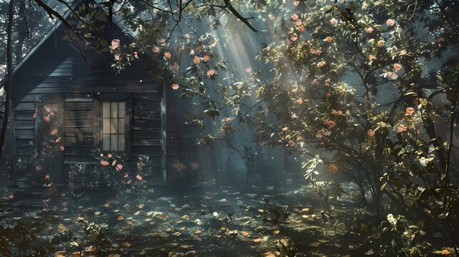 A remote cabin in the woods flowers fantasy scene abstract graphic poster web page PPT background