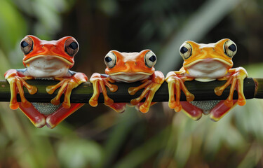 Three cute flying frogs sitting on bamboo