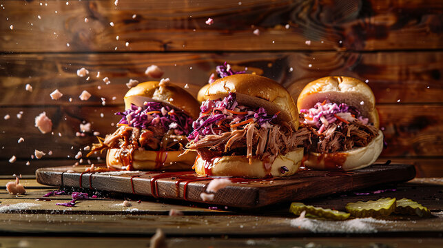 Mouthwatering image of three gourmet pulled pork burgers topped with fresh purple slaw served on a wooden board with flying ingredients