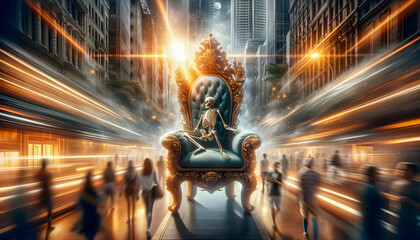 A luxurious chair is placed in the center of a bustling walkway, where people are passing by in a motion blur, representing the fast pace of life. - obrazy, fototapety, plakaty