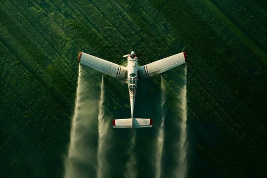 Aerial crop duster spraying pesticide on a green field Agricultural aircraft in action. Concept Agricultural Aviation, Crop Dusting, Pesticide Spraying, Aerial Application, Farmland Protection