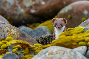 weasel peeking from a burrow amidst rocks and moss - obrazy, fototapety, plakaty