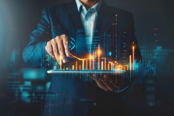 Businessman professional analyzes data and using tablet and analysis sale data graph growth on modern interface icons on strategy, Solution analysis and development on global network connection