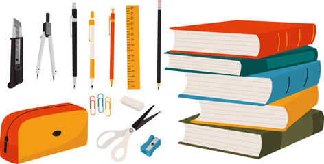books and stationery on a white background vector