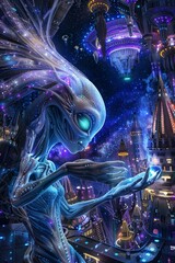 Mystical alien with flowing hair, using shampee, ethereal glow, eyelevel, against a backdrop of advanced, starlit architecture , hyper realistic