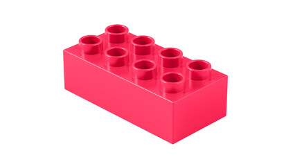 Magenta Pink Plastic Lego Block Isolated on a White Background. Children Toy Brick, Perspective View. Close Up View of a Game Block for Constructors. 3D illustration. 8K Ultra HD, 7680x4320, 300 dpi