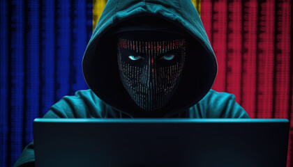 Hacker in hoodie sitting in front of a monitors with Andorra flag background and  cyber security concept - obrazy, fototapety, plakaty