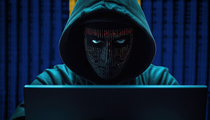 Hacker in hoodie sitting in front of a monitors with Barbados flag background and  cyber security concept