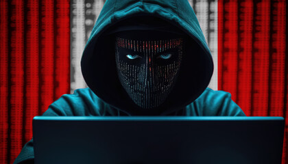 Hacker in hoodie sitting in front of a monitors with Canada flag background and  cyber security concept