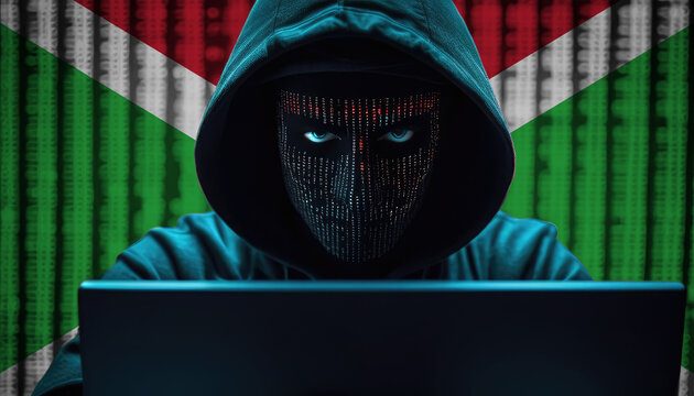 Hacker in hoodie sitting in front of a monitors with Burundi flag background and  cyber security concept