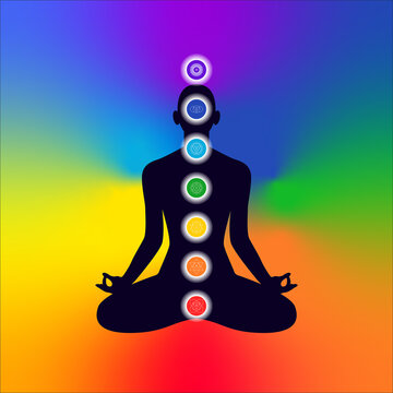 Chakra system on silhouette of human body sitting in lotus position. Charkas informational illustration on rainbow gradient background