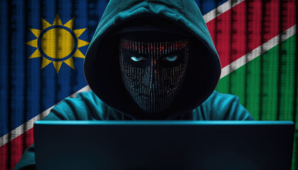 Hacker in hoodie sitting in front of a monitors with Namibia flag background and  cyber security concept