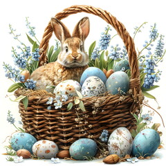 Easter rabbit with an egg and spring flowers in a wicker basket. Isolated on a white background. Watercolor illustration