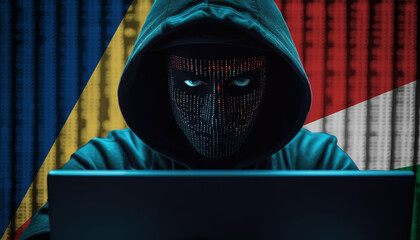Hacker in hoodie sitting in front of a monitors with Seychelles flag background and  cyber security concept