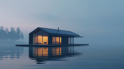Minimalist coastal cabin at sunrise with complementary lighting.