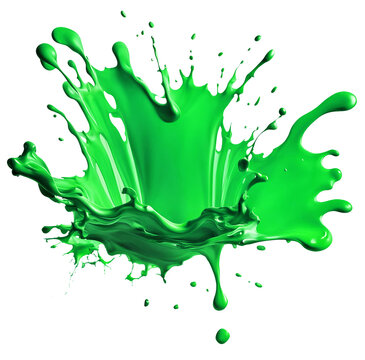 Liquid green paint making big splash and drops isolated