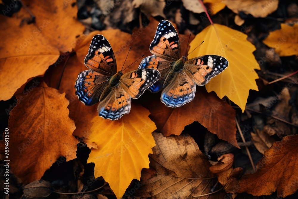 Canvas Prints A pair of butterflies sitting on autumn leaves in the forest. Selective focus.