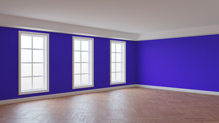 Empty Interior of the Room with Violet Stucco Walls, Three Large Windows, Glossy Herringbone Parquet Floor and a White Plinth. Concept of the Unfurnished Interior. 3D Rendering, 8K Ultra HD, 7680x4320