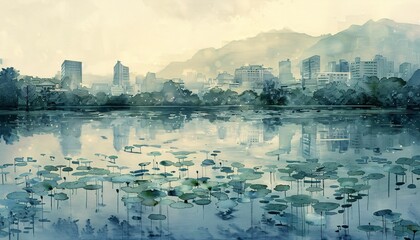 Foggy Cityscape with Lily Pads and City Skyscrapers Generative AI