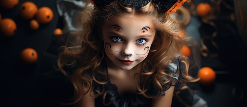 A child is adorned in a felineinspired costume, embracing the essence of Halloween with creativity and fun. The darkness of the night adds to the events mystical atmosphere