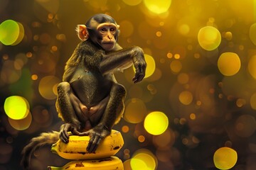 A comical monkey balancing atop a stack of bananas, pretending to be a circus performer.  - obrazy, fototapety, plakaty