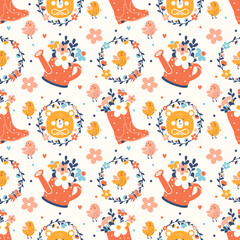 Bright spring vector seamless pattern with garden boots, watering pot, bouquets of flowers, funny bear and little birds. Cottage summer or springtime background. Hand drawn village or garden fabric.