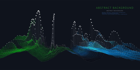 Abstract  background grid with chaotic  data  spheres in noisy net on dark. Technology color wireframe concept analytical  in virtual. Banner for business, science and technology data analytics. Big D
