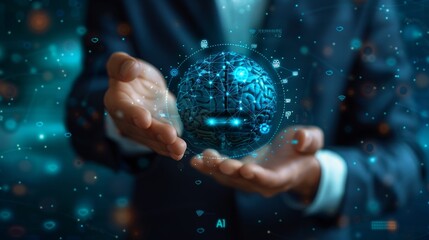 A businessman on a blue background holds out his hand showcasing a digital brain and AI concept, Generated by AI