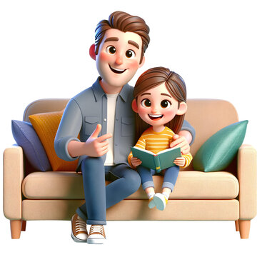 father and daughter sitting on a couch smiling and reading a book together