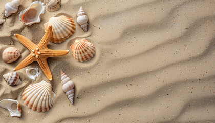 Fototapeta na wymiar Starfish and Seashells on Sandy Beach Texture -Background