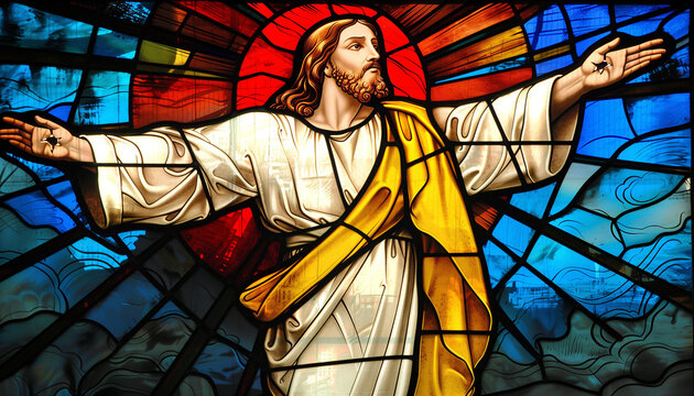 Stained Glass Window Depicting Jesus Christ with Open Arms