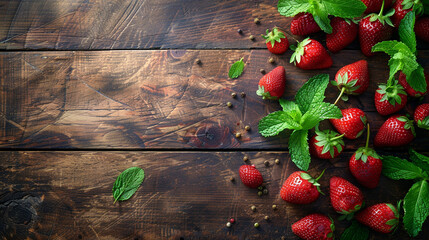 Fresh strawberries and mint leaves on wooden table with copyspace for summer recipe