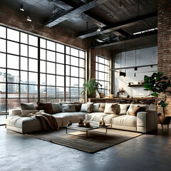 room interior in loft, industrial style, frame mockup, 3d render, generative ai