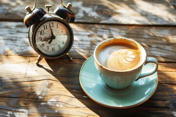 cup of coffee next to an alarm clock, morning light
