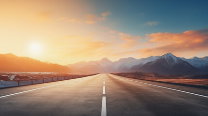 Road with sunset mountains in the background.
