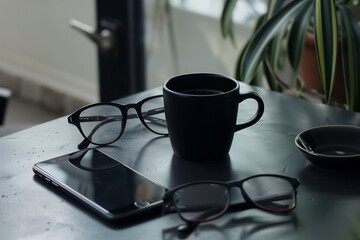 black coffee cup, glasses, and a smartphone on table