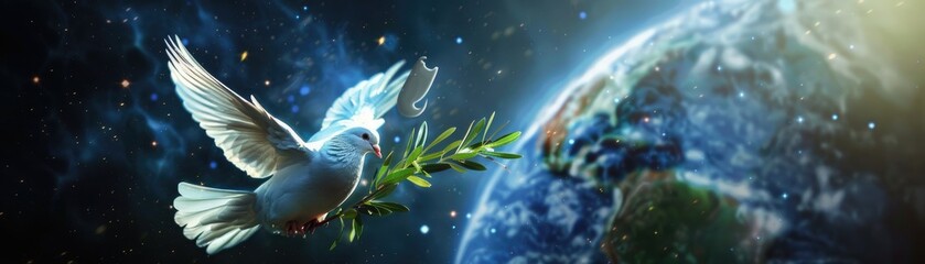 An artistic rendition of a dove carrying an olive branch over a healed peaceful Earth