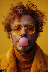 Hombre 40s con gafas molonas montura naranja y cristal transparente, pelirrojo, inflando una bomba de chicle rosa, perilla, camisa amarilla cuello tortuga, primer plano, abrigo peludo, fondo mostaza  - obrazy, fototapety, plakaty