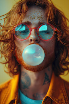 Hombre joven con gafas de montura naranja y cristal azul, pelirrojo, inflando una bomba de chicle blanco azulado, con camisa amarillo fuerte y el cuello tatuado, primer plano, cabello rizado, claro.