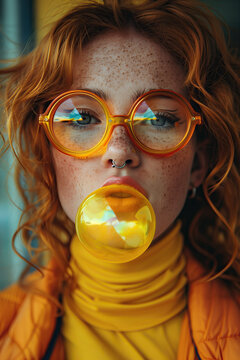 Mujer joven con gafas de montura naranja y cristal transparente, pelirroja, con una bomba de chicle amarillo, camisa amarilla fuerte cuello tortuga, primer plano, cabello ondulado, fondo azulado.