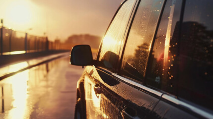 Close-up image of a car driving through a wet road after rain. - obrazy, fototapety, plakaty