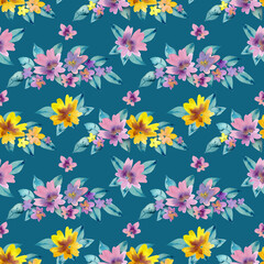 Fototapeta na wymiar Seamless pattern of watercolor pink and yellow flowers and blue green leaves. Hand drawn illustration. Botanical hand painted floral elements on blue greenbackground. Aquarelle art. For print decor