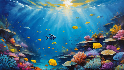 Obraz na płótnie Canvas 3D Underwater fishes living room wallpaper, 3d illustration for wall decoration High quality wall art.