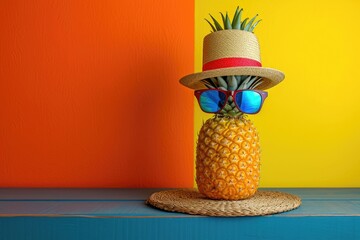 Pineapple with sunglasses in beach hat on yellow and orange bright background