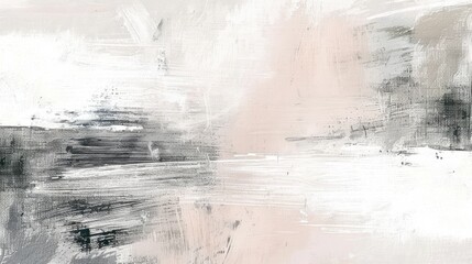 A minimalist abstract painting featuring soft brush strokes in neutral tones of white and black, background, paper